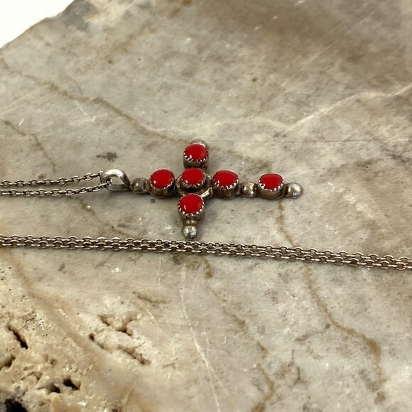 VTG Sterling Silver 925 Southwest Coral Multi Stone Cross Pendant Necklace 16" - Picture 6 of 16